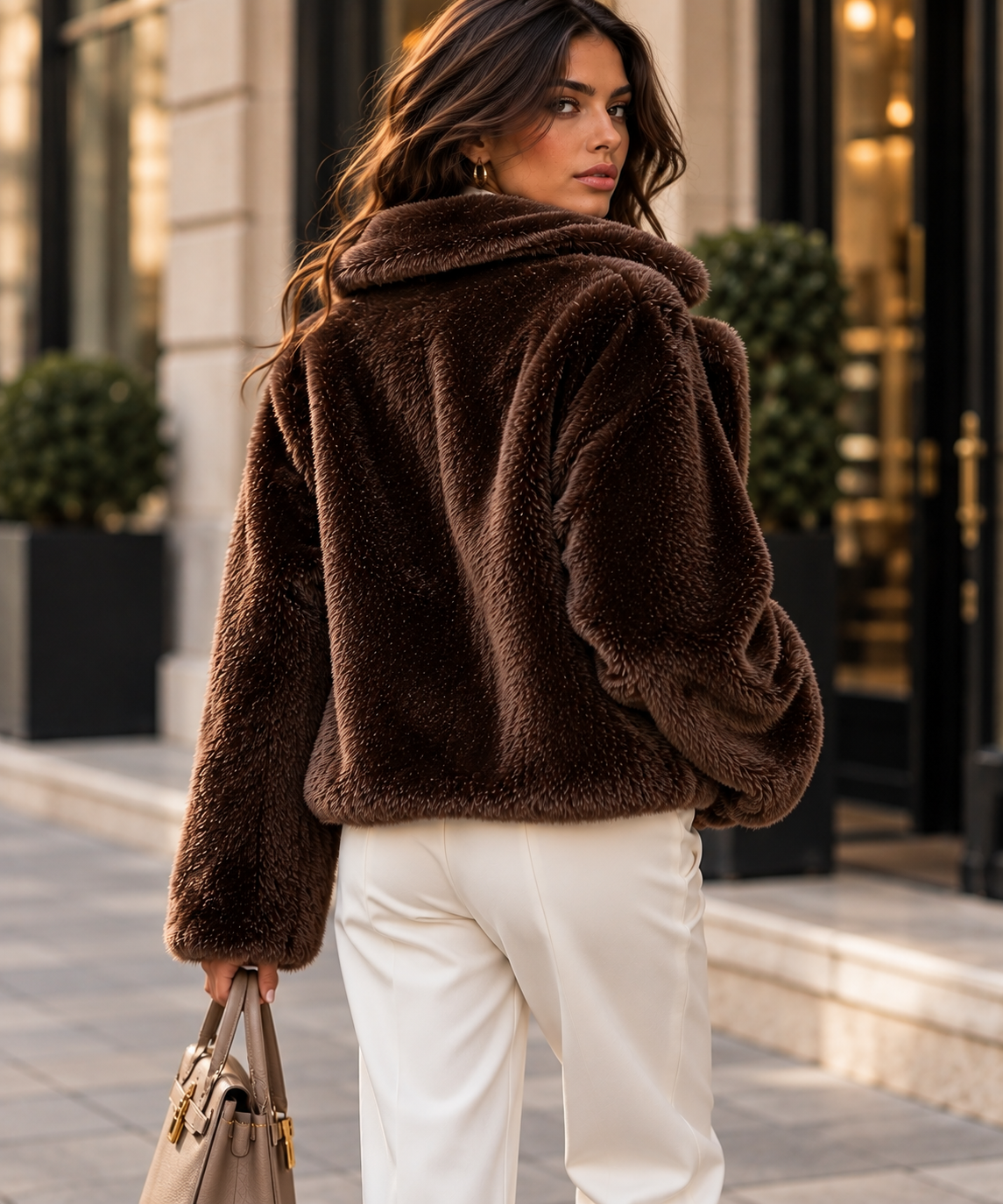 Velmora Jacket in Brown, back view with ivory tailoring