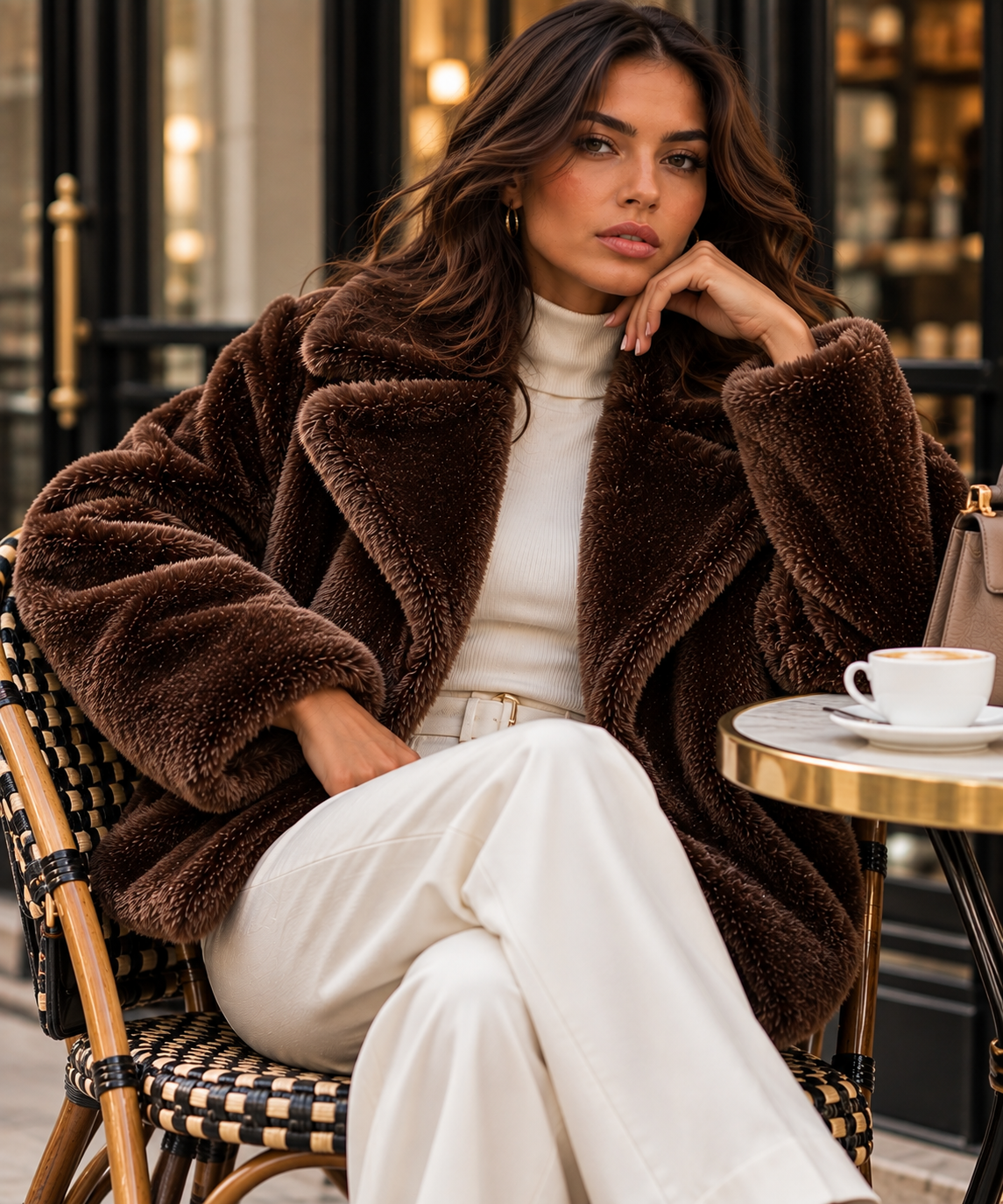 Velmora Jacket in Brown styled at an elegant city cafe