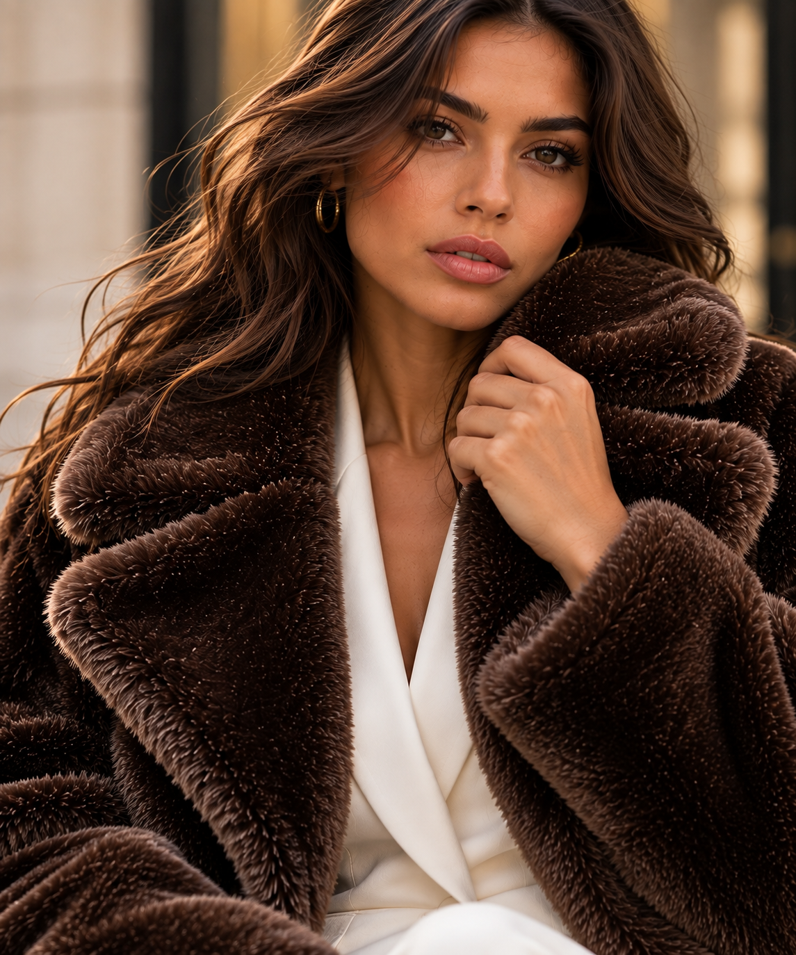 Velmora Jacket in Brown, close-up collar detail