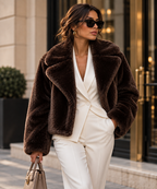 Velmora Jacket in Brown styled with an ivory tailored suit