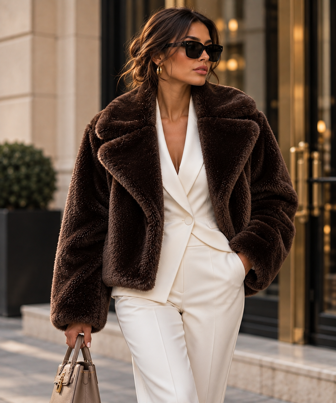 Velmora Jacket in Brown styled with an ivory tailored suit