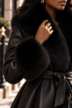 Velyssane Coat close-up showing plush faux-fur collar and matte coated finish
