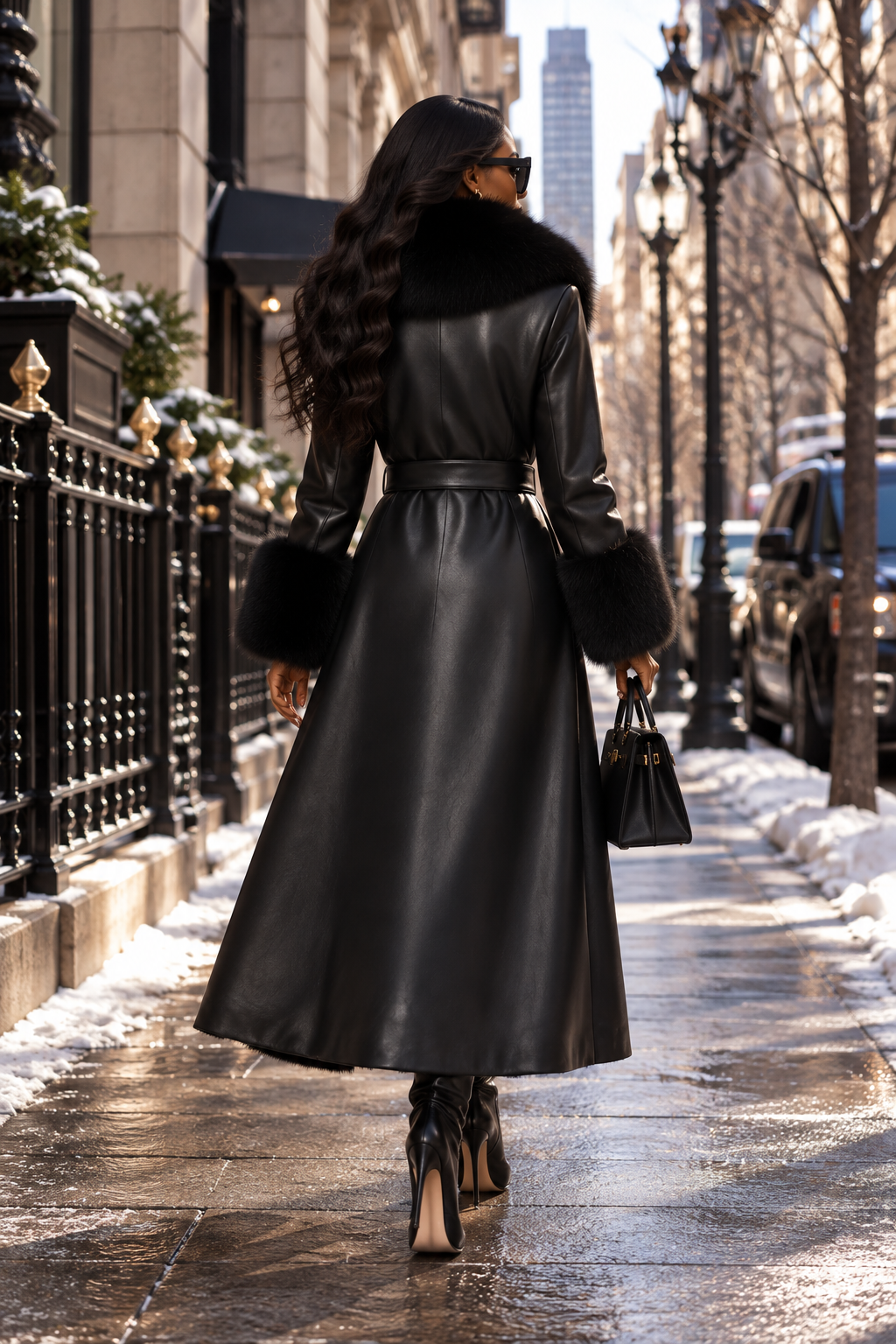 Velyssane Coat in Midnight Black, matte back view with faux-fur collar and cuffs