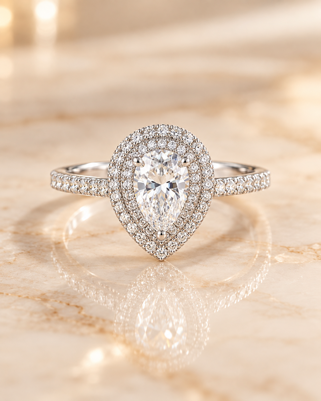 Front view of the Versailles Ring with 1 carat pear-cut lab-grown diamond, double zircon halo and pavé shoulders
