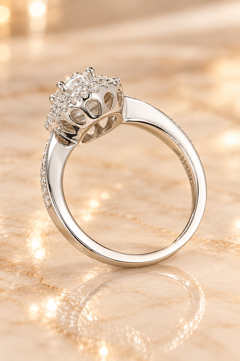 Rear profile of the Versailles Ring showing the raised pear-cut setting and open gallery beneath the double halo