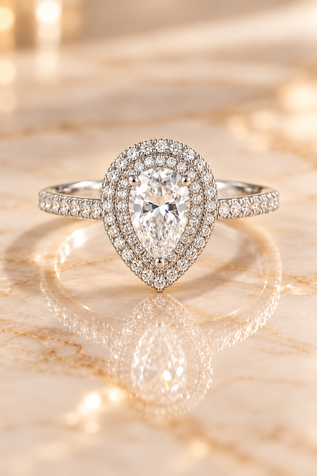 Three-quarter product view of the Versailles Ring with pear-cut lab-grown diamond and double zircon halo