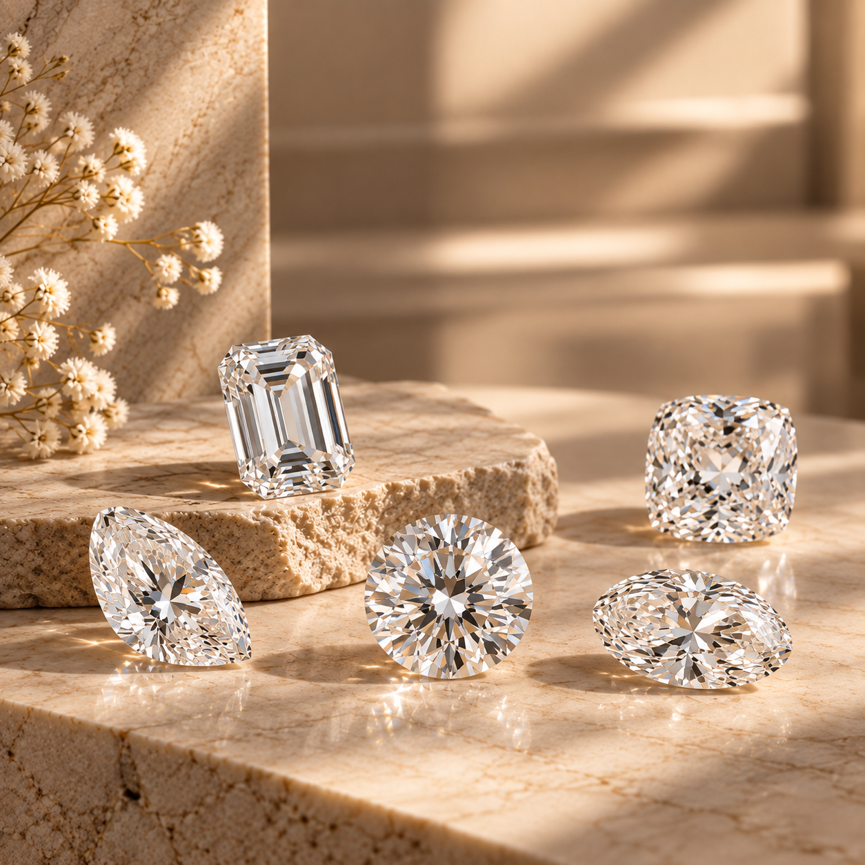 Editorial still life of assorted natural diamonds on warm stone