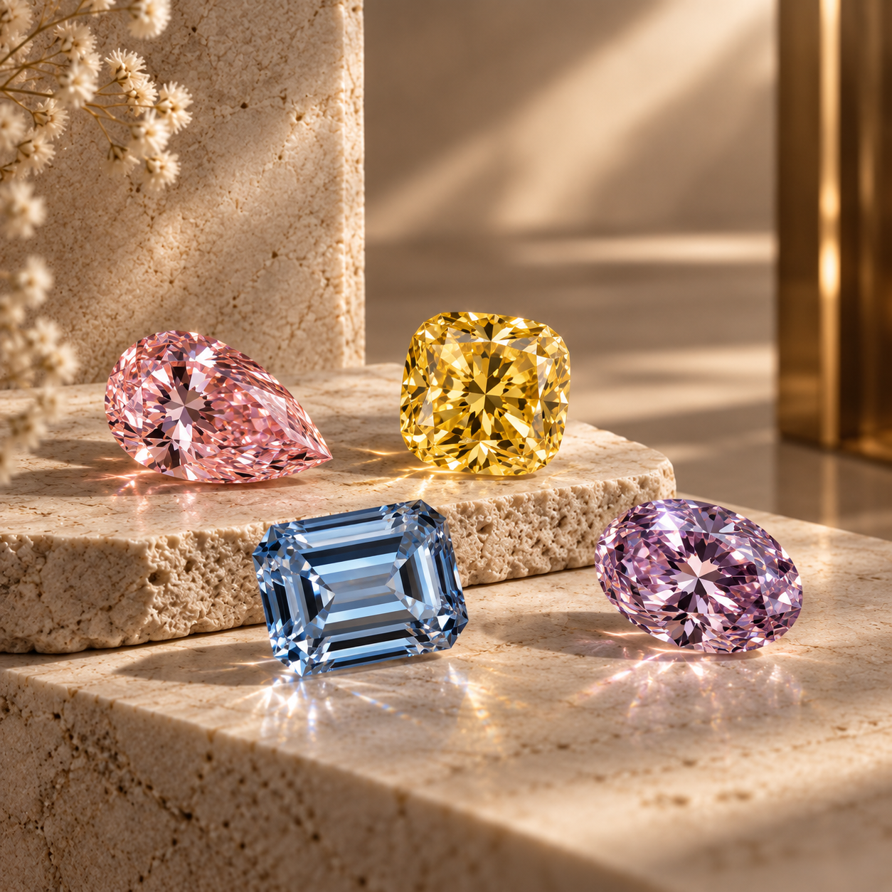 Editorial still life of rare fancy color diamonds on warm stone