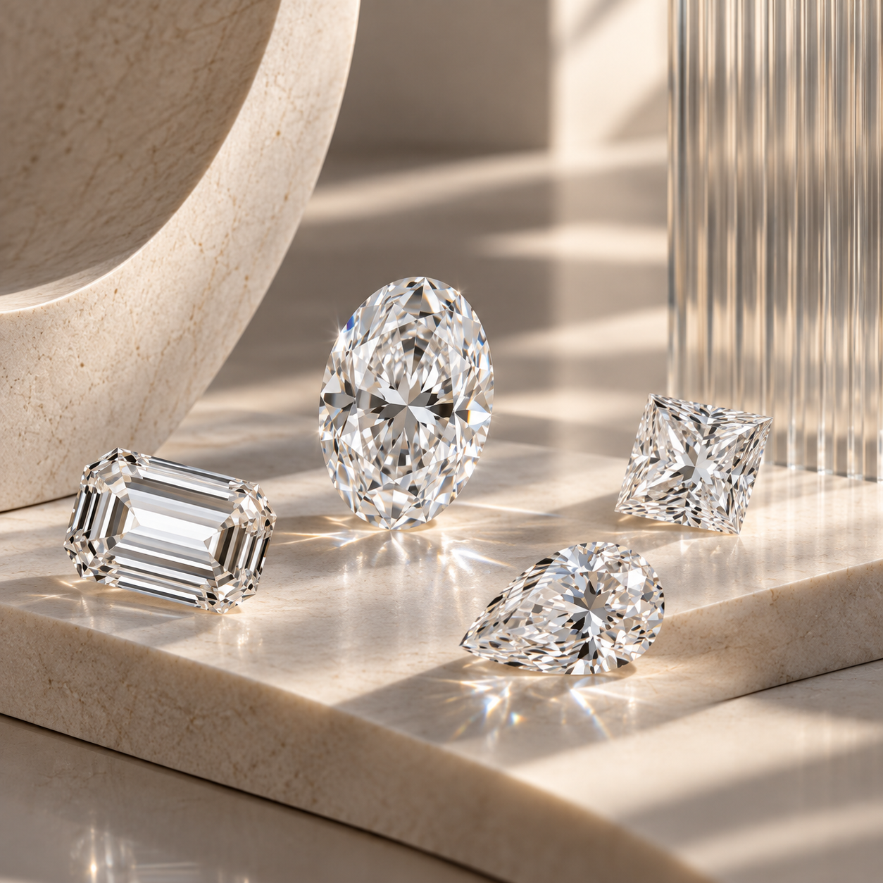 Editorial still life of certified lab-grown diamonds on sculptural stone